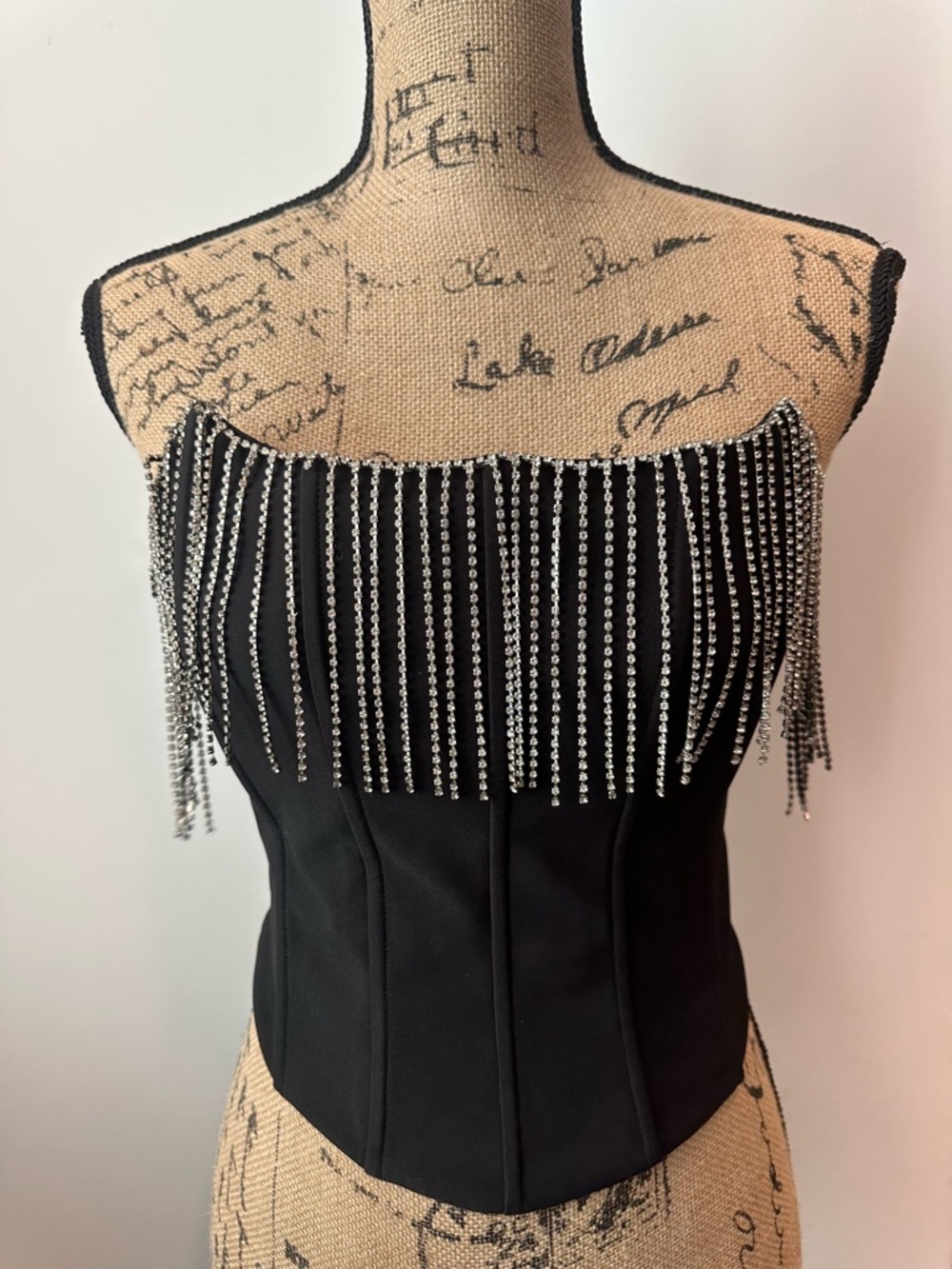 Salty Black Boning Corset with Rhinestone Tassel Fringe – Size Medium